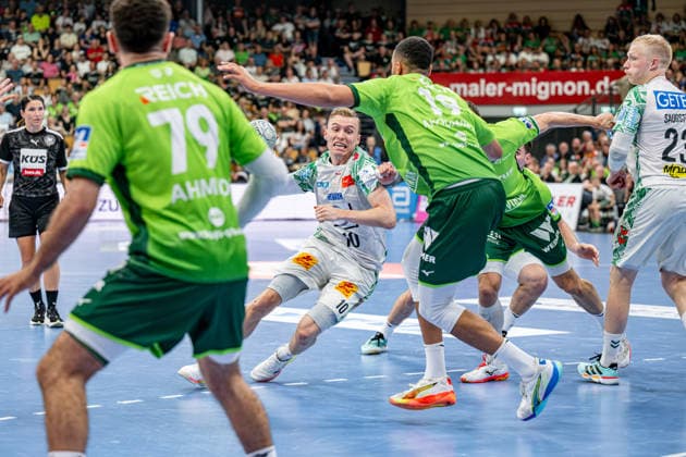 Handball Bundesliga; HSG Wetzlar - SC Magdeburg, 07.06.26 Gisli Kristjansson (SC Magdeburg, 10), Philipp Ahouansou (HSG Wetzlar, 19), Ahmed Nafea (HSG Wetzlar, 79), Jona Schoch (HSG Wetzlar, 22) Handball Bundesliga; HSG Wetzlar - SC Magdeburg: Wetzlar, 07.06.26