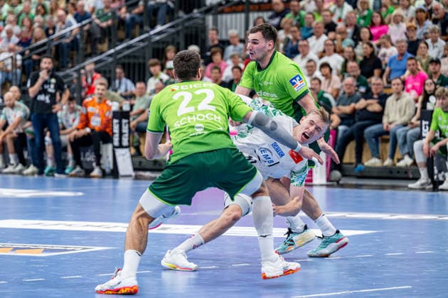 Handball Bundesliga; HSG Wetzlar - SC Magdeburg, 07.06.26 Gisli Kristjansson (SC Magdeburg, 10), Jona Schoch (HSG Wetzlar, 22), Josip Simic (HSG Wetzlar, 10) Handball Bundesliga; HSG Wetzlar - SC Magdeburg: Wetzlar, 07.06.26
