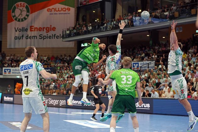 07.06.2026, xovx, Handball Daikin Handball-Bundesliga, HSG Wetzlar - SC Magedeburg v.l. Felix Claar (SC Magdeburg), Philipp Ahouansou (HSG Wetzlar), Elvar Örn Jonsson (SC Magdeburg), Georg Löwen (HSG Wetzlar), Albin Lagergren (SC Magdeburg) Wetzlar Buderus Arena Hessen Deutschland (DE)