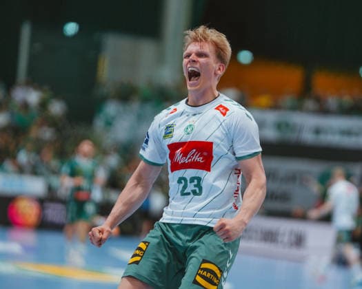 Niclas Benedict Heitkamp (TSV GWD Minden, 23) celebrates goal SC DHfK Leipzig - TSV GWD Minden. Bundesliga, Herren Handball, 25 26, GER, Leipzig, Quarterback Immobilien Arena, Round 34 Leipzig Quarterback Immobilien Arena Sachsen GER Copyright: xBillmanxDubex