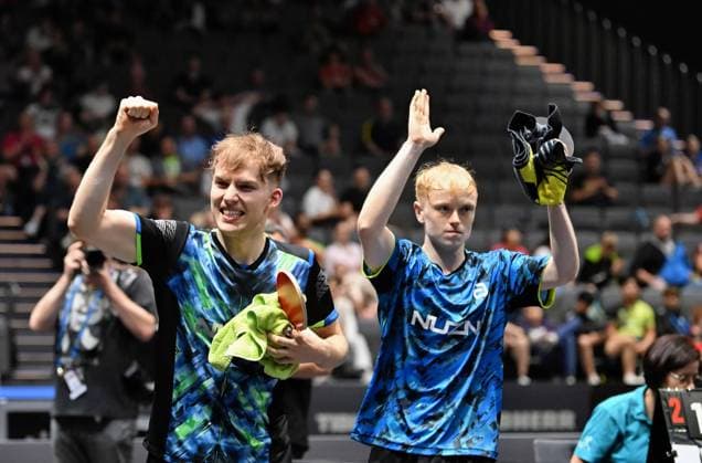 Wim Verdonschot (SV Union Velbert) und Andre Bertelsmeier (TSV Bad Königshofen) verteidigen ihren Titel bei den Deutschen Meisterschaften Wim Verdonschot (SV Union Velbert) und Andre Bertelsmeier (TSV Bad Königshofen) verteidigen ihren Titel durch einen dramatischen 3:2-Erfolg über Patrick Franziska (1. Fc Saarbrücken-TT) und Ricardo Walther (ASC Grünwettersbach) - Finaltag der Deutschen Meisterschaften der Damen und Herren am 7. Juni 2026 in der Messe Erfurt im Rahmen der 3. Deutschen Tischtennis-Finals in Erfurt. Erfurt Messe Erfurt Thüringen Deutschland