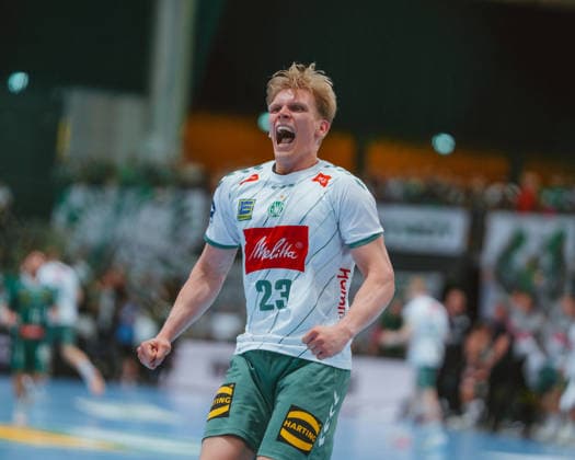 Niclas Benedict Heitkamp (TSV GWD Minden, 23) celebrates goal SC DHfK Leipzig - TSV GWD Minden. Bundesliga, Herren Handball, 25 26, GER, Leipzig, Quarterback Immobilien Arena, Round 34 Leipzig Quarterback Immobilien Arena Sachsen GER Copyright: xBillmanxDubex