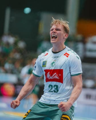 Niclas Benedict Heitkamp (TSV GWD Minden, 23) celebrates goal SC DHfK Leipzig - TSV GWD Minden. Bundesliga, Herren Handball, 25 26, GER, Leipzig, Quarterback Immobilien Arena, Round 34 Leipzig Quarterback Immobilien Arena Sachsen GER Copyright: xBillmanxDubex