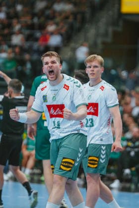 Ian Weber (TSV GWD Minden, 13) celebrates goal SC DHfK Leipzig - TSV GWD Minden. Bundesliga, Herren Handball, 25 26, GER, Leipzig, Quarterback Immobilien Arena, Round 34 Leipzig Quarterback Immobilien Arena Sachsen GER Copyright: xBillmanxDubex
