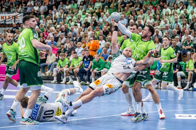 Handball Bundesliga; HSG Wetzlar - SC Magdeburg, 07.06.26 Oscar Bergendahl (SC Magdeburg, 54), Gisli Kristjansson (SC Magdeburg, 10), Ahmed Nafea (HSG Wetzlar, 79), Josip Simic (HSG Wetzlar, 10) Handball Bundesliga; HSG Wetzlar - SC Magdeburg: Wetzlar, 07.06.26