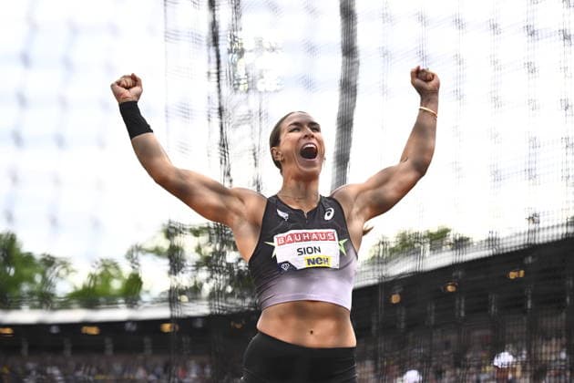 STOCKHOLM, SWEDEN 20260607 Valarie Sion, USA, reacts during the women s discus during the IAAF Diamond League athletics meeting at Stockholm Olympic Stadium in Stockholm, Sweden, on June 7, 2026. STOCKHOLM SWEDEN x10430x