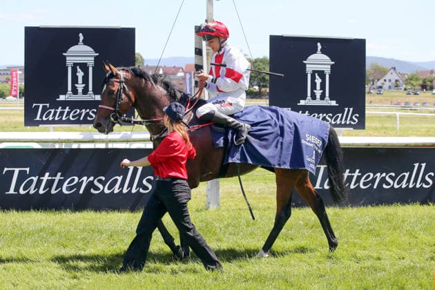 07.06.2026, Iffezheim, Baden-Wuerttemberg, GER - Alleno mit Sibylle Vogt nach dem Sieg im Grossen Preis von Tattersalls. Galopprennbahn Baden-Baden, Iffezheim. (Pferd, Jockey, Alleno, Vogt, Sieg) 260607B991IFFEZHEIM.JPG