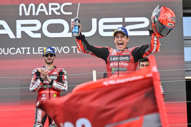 MOTO - MOTO GP - HUNGARY GRAND PRIX 2026 MARQUEZ Marc (spa), Ducati Lenovo Team, Ducati Desmosedici GP26, portrait celebrates his victory on podium during the 2026 MotoGP Grand Prix of Hungary , on Balaton Park circuit, from June 5 to 7, in Hungary - Balaton ParkHungary  Copyright: xGIGIxSOLDANOx