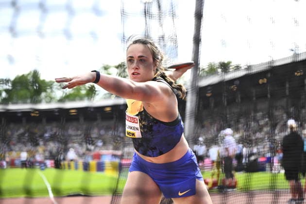 STOCKHOLM, SVERIGE 20260607 Jorinde van Klinken, Nederländerna, i damernas diskus under söndagens Diamond League-gala (Bauhaus-galan) pa Stockholms stadion. STOCKHOLM SVERIGE x10430x