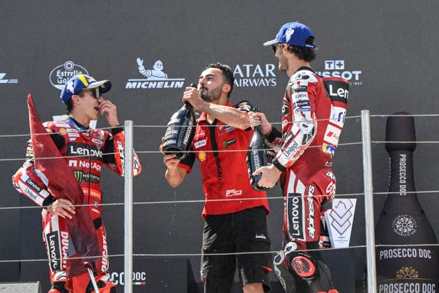 MOTO - MOTO GP - HUNGARY GRAND PRIX 2026 MARQUEZ Marc (spa), Ducati Lenovo Team, Ducati Desmosedici GP26, portrait celebrates his victory on podium with BAGNAIA Francesco (ita), Ducati Lenovo Team, Ducati Desmosedici GP26, portrait during the 2026 MotoGP Grand Prix of Hungary , on Balaton Park circuit, from June 5 to 7, in Hungary - Balaton ParkHungary  Copyright: xGIGIxSOLDANOx