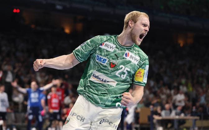 Matthes Langhoff jubelt nach Tor Freude Emotion Handball HBL Bundesliga Herren 34. Spieltag Saison 2025 2026 07.06.2026 Füchse Berlin vs SG Flensburg Handewitt