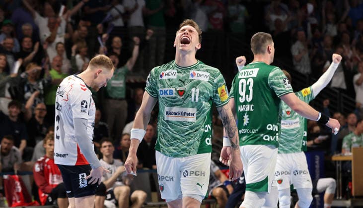 Lasse Andersson jubelt nach Siegtor und Spielende Sieg Freude Emotion Jubel Handball HBL Bundesliga Herren 34. Spieltag Saison 2025 2026 07.06.2026 Füchse Berlin vs SG Flensburg Handewitt