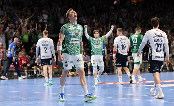 Lasse Andersson jubelt nach Siegtor und Spielende Sieg Freude Emotion Jubel Handball HBL Bundesliga Herren 34. Spieltag Saison 2025 2026 07.06.2026 Füchse Berlin vs SG Flensburg Handewitt