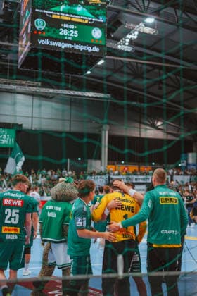 SC DHfK Leipzig team celebrates victory SC DHfK Leipzig - TSV GWD Minden. Bundesliga, Herren Handball, 25 26, GER, Leipzig, Quarterback Immobilien Arena, Round 34 Leipzig Quarterback Immobilien Arena Sachsen GER Copyright: xBillmanxDubex