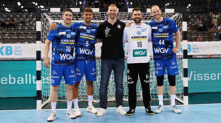 Stuttgart , Handball TVB Stuttgart VS HC Erlangen, Abgänge, v.l. Ivan Snajder, Antonio Serradilla, Jonas Truchanovicius, Miljan Vujovic, Lenny Rubin