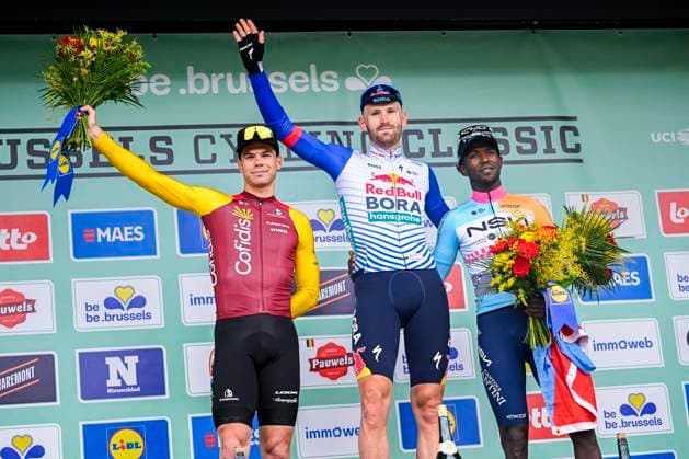 Brussels Cycling Classic 2026 Cycling Race BRUSSEL, BELGIUM - JUNE 07 : Girmay Biniam (ERI) of NSN Cycling Team, Meeus Jordi (BEL) of Red Bull BORA Hansgrohe, Fretin Milan (BEL) of Cofidis on the podium during the 106th edition of Brussels Cycling Classic an UCI ProSeries 1.Pro one day cycling road race for Men Elite of 206.3 km with start in Brussel and finish in Brussel on June 7, 2026 in Brussel, Belgium, 07 06 2026 ( Motordriver Stephan Boone - Brussel Belgium  Copyright: xTomasxSiskx