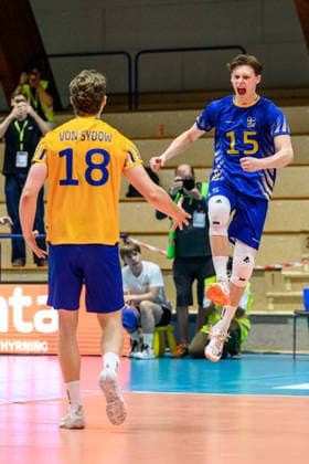 260607 Alfred Fransson of Sweden celebrates after the European League volleyball match between Sweden and Azerbaijan on June 7, 2026 in Lund. Photo: Mathilda Schuler BILDBYRAN kod MA MA0996 volleyboll volleyball european league sweden azerbaijan bbeng jubel
