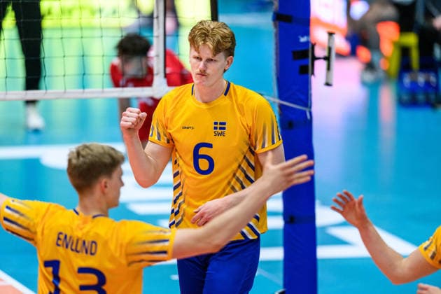 260607 Jacob Ekman of Sweden celebrates during the European League volleyball match between Sweden and Azerbaijan on June 7, 2026 in Lund. Photo: Mathilda Schuler BILDBYRAN kod MA MA0996 volleyboll volleyball european league sweden azerbaijan bbeng jubel