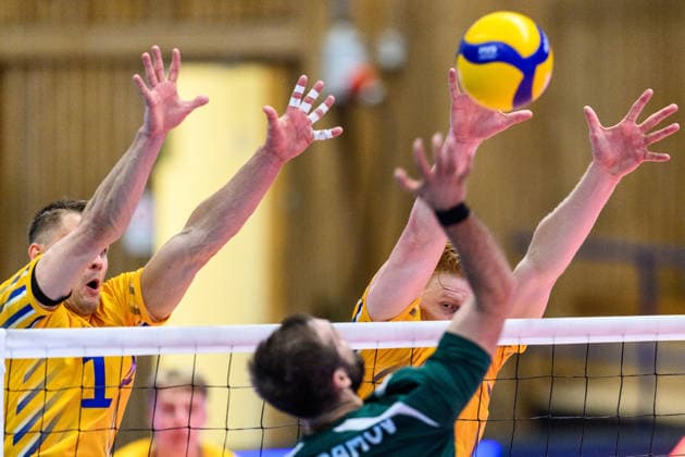 260607 Jacob Link and Jacob Ekman of Sweden during the European League volleyball match between Sweden and Azerbaijan on June 7, 2026 in Lund. Photo: Mathilda Schuler BILDBYRAN kod MA MA0996 volleyboll volleyball european league sweden azerbaijan bbeng