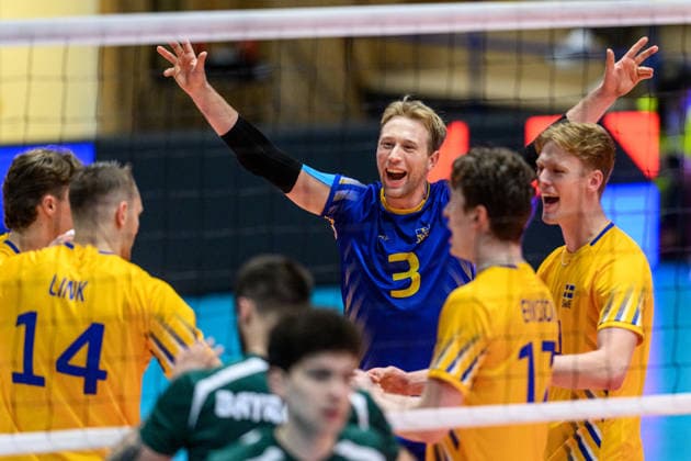 260607 Joel Andersson of Sweden celebrates during the European League volleyball match between Sweden and Azerbaijan on June 7, 2026 in Lund. Photo: Mathilda Schuler BILDBYRAN kod MA MA0996 volleyboll volleyball european league sweden azerbaijan bbeng jubel