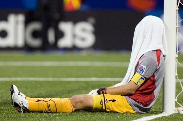 July 19, 2007, Toronto, On, CAN: Chile goalkeeper Christopher Toselli sits in front of the goal at the end of Chile s 3-0 loss to Argentina in the semifinal of the FIFA U-20 World Cup soccer tournament in Toronto on July 19, 2007. (CP PHOTO ) Canada News - July 19, 2007  - ZUMAc35_ 20070719_zaf_c35_001 Copyright: xFrankxGunnx
