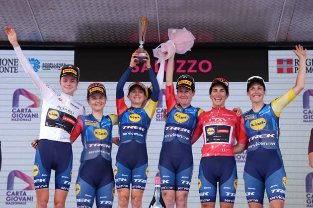 Team with The white jersey Canada™s Isabella Holmgren of Lidl - Trek™s and The red jersey Italy™s Elisa Balsamo of Lidl - Trek™s celebrate on the podium after the stage 9 of the Giro d™Italia Women, from Saluzzo to Saluzzo, Italy, Sunday, June 7, 2026.  Copyright: xDavidexSpada Lapressex