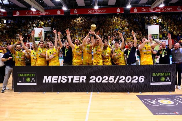 ProA Playoff Finale - Phoenix Hagen vs. Bozic Estriche Knights Kirchheim, Hagen, 07.06.2026, Ischelandhalle Hagen Siegerehrung von Phoenix Hagen, Meister 2025 2026 ; ProA Playoff Finale - Phoenix Hagen vs. Bozic Estriche Knights Kirchheim, Hagen, 07.06.2026, Ischelandhalle Hagen