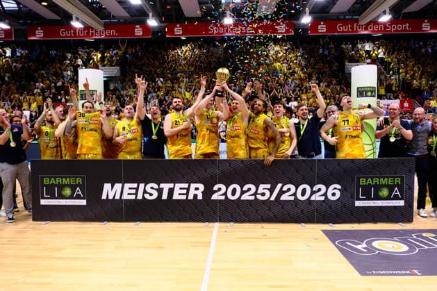 ProA Playoff Finale - Phoenix Hagen vs. Bozic Estriche Knights Kirchheim, Hagen, 07.06.2026, Ischelandhalle Hagen Siegerehrung von Phoenix Hagen, Meister 2025 2026 ; ProA Playoff Finale - Phoenix Hagen vs. Bozic Estriche Knights Kirchheim, Hagen, 07.06.2026, Ischelandhalle Hagen