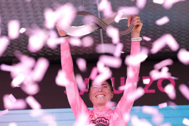 The pink jersey Netherlands™s Demi Vollering of FDJ United - Suez™s celebrate on the podium after the stage 9 of the Giro d™Italia Women, from Saluzzo to Saluzzo, Italy, Sunday, June 7, 2026.  Copyright: xDavidexSpada Lapressex