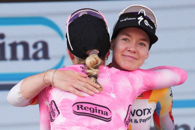 The pink jersey Netherlands™s Demi Vollering of FDJ United - Suez™s and Netherlands™s Anna van der Breggen of Team SD Worx - Protime™s celebrate on the podium after the stage 9 of the Giro d™Italia Women, from Saluzzo to Saluzzo, Italy, Sunday, June 7, 2026.  Copyright: xDavidexSpada Lapressex