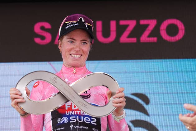 Trofeo Luce Infinita , The pink jersey Netherlands™s Demi Vollering of FDJ United - Suez™s celebrate on the podium after the stage 9 of the Giro d™Italia Women, from Saluzzo to Saluzzo, Italy, Sunday, June 7, 2026.  Copyright: xDavidexSpada Lapressex