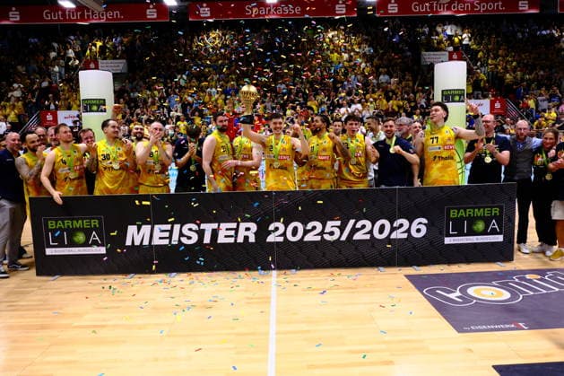 ProA Playoff Finale - Phoenix Hagen vs. Bozic Estriche Knights Kirchheim, Hagen, 07.06.2026, Ischelandhalle Hagen Siegerehrung von Phoenix Hagen, Meister 2025 2026; ProA Playoff Finale - Phoenix Hagen vs. Bozic Estriche Knights Kirchheim, Hagen, 07.06.2026, Ischelandhalle Hagen