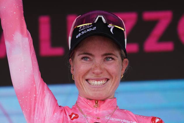 The pink jersey Netherlands™s Demi Vollering of FDJ United - Suez™s celebrate on the podium after the stage 9 of the Giro d™Italia Women, from Saluzzo to Saluzzo, Italy, Sunday, June 7, 2026.  Copyright: xDavidexSpada Lapressex