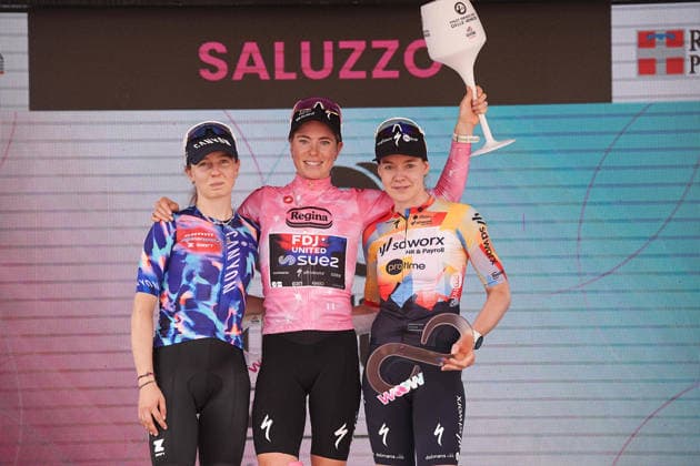 The pink jersey Netherlands™s Demi Vollering of FDJ United - Suez™s winner of the Giro d™Italia Women , Germany™s Antonia Niedermaier of Canyon SRAM Zondacrypto™s 2nd best-placed and Netherlands™s Anna van der Breggen of Team SD Worx - Protime™s 3rd best-placed celebrate on the podium after the during Stage 9 of the Giro d™Italia Women, from Saluzzo to Saluzzo, Italy, Sunday, June 7, 2026.  Copyright: xMarcoxAlpozzi LaPressex