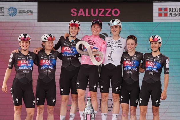 The pink jersey Netherlands™s Demi Vollering of FDJ United - Suez™s winner of the Giro d™Italia Women celebrate on the podium after theg Stage 9 of the Giro d™Italia Women, from Saluzzo to Saluzzo, Italy, Sunday, June 7, 2026.  Copyright: xMarcoxAlpozzi LaPressex