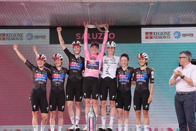 The pink jersey Netherlands™s Demi Vollering of FDJ United - Suez™s winner of the Giro d™Italia Women celebrate on the podium after theg Stage 9 of the Giro d™Italia Women, from Saluzzo to Saluzzo, Italy, Sunday, June 7, 2026.  Copyright: xMarcoxAlpozzi LaPressex