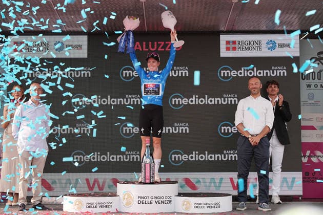 The blue jersey Netherlands™s Demi Vollering of FDJ United - Suez™s celebrate on the podium after the Stage 9 of the Giro d™Italia Women, from Saluzzo to Saluzzo, Italy, Sunday, June 7, 2026.  Copyright: xMarcoxAlpozzi LaPressex