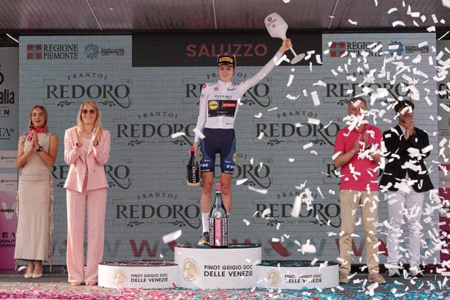 The white jersey Canada™s Isabella Holmgren of Lidl - Trek™s celebrate on the podium after the Stage 9 of the Giro d™Italia Women, from Saluzzo to Saluzzo, Italy, Sunday, June 7, 2026.  Copyright: xMarcoxAlpozzi LaPressex