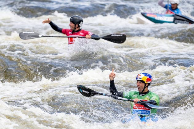 2026 ICF Canoe Slalom World Cup in Prague, Czech Republic, on June 7, 2026. Men s kayak cross finals. Winner Jakub Krejci from Czechia, right, and the second placed Vit Prindis from Czechia. (CTKxPhoto OndrejxDeml) CTKPhotoP2026060703666  CTKPhotoP2026060703666