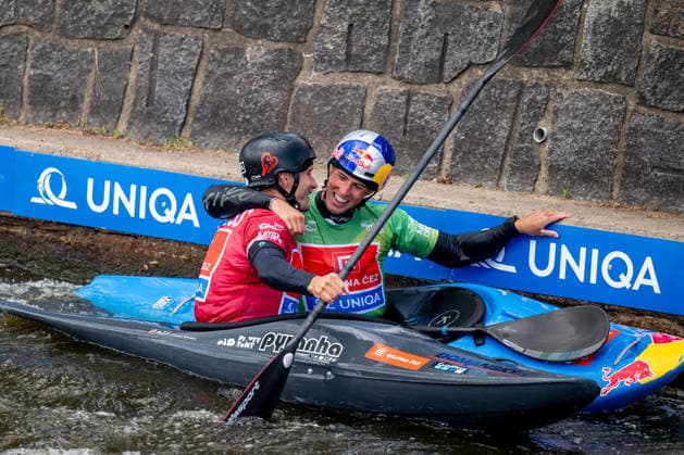 2026 ICF Canoe Slalom World Cup in Prague, Czech Republic, on June 7, 2026. Men s kayak cross finals. Winner Jakub Krejci from Czechia, right, and the second placed Vit Prindis from Czechia. (CTKxPhoto OndrejxDeml) CTKPhotoP2026060703667  CTKPhotoP2026060703667