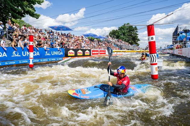 2026 ICF Canoe Slalom World Cup in Prague, Czech Republic, on June 7, 2026. Men s kayak cross elimination heats. Jakub Krejci from Czechia. (CTKxPhoto OndrejxDeml) CTKPhotoP2026060703672  CTKPhotoP2026060703672