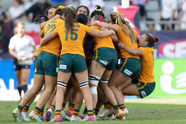 Neuseeland - Australien, SVNS Rugby World Championship, WM, Weltmeisterschaft Finale der Frauen Jubel der Australierinnen nach dem Schlusspfiff. Finale der Frauen zwischen Neuseeland und Australien. Drittes Turnier der SVNS World Championship, Siebener-Rugby WM vom 5. bis 7. Juni 2026 in Bordeaux (Frankreich). 7. Juni 2026., Bordeaux Region Nouvelle-Aquitaine Frankreich Stade Atlantique