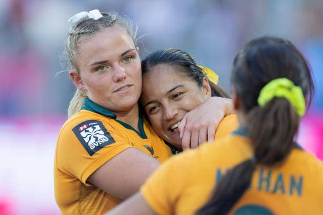 Neuseeland - Australien, SVNS Rugby World Championship, WM, Weltmeisterschaft Finale der Frauen Jubel der Australierinnen nach dem Schlusspfiff, hier Heidi Dennis (Australien, 13). Finale der Frauen zwischen Neuseeland und Australien. Drittes Turnier der SVNS World Championship, Siebener-Rugby WM vom 5. bis 7. Juni 2026 in Bordeaux (Frankreich). 7. Juni 2026., Bordeaux Region Nouvelle-Aquitaine Frankreich Stade Atlantique