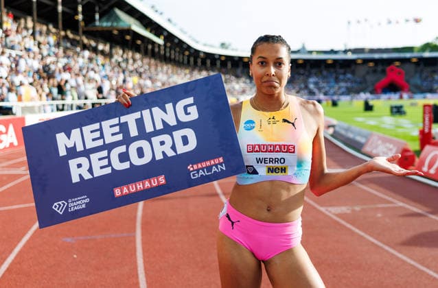260607 Audrey Werro of Switzerland celebrates after competing in the women s 800 meter during Bauhaus-galan, part of the Diamond League series, June 7, 2026 in Stockholm. Photo: Maxim Thore BILDBYRAN kod MT MT1057 friidrott athletics friidrett diamond league bauhaus-galan bbeng stockholm dam jubel