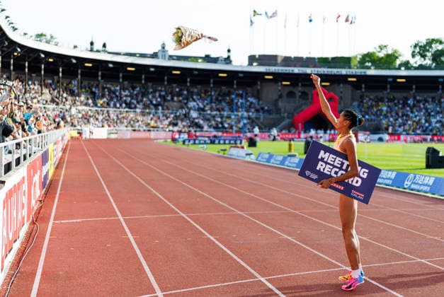 260607 Audrey Werro of Switzerland celebrates after competing in the women s 800 meter during Bauhaus-galan, part of the Diamond League series, June 7, 2026 in Stockholm. Photo: Maxim Thore BILDBYRAN kod MT MT1057 friidrott athletics friidrett diamond league bauhaus-galan bbeng stockholm dam jubel
