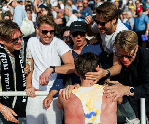 260607 Andreas Almgren of Sweden with friends after competing in the men s 1500 meter during Bauhaus-galan, part of the Diamond League series, June 7, 2026 in Stockholm. Photo: Maxim Thore BILDBYRAN kod MT MT1057 friidrott athletics friidrett diamond league bauhaus-galan bbeng stockholm sweden sverige