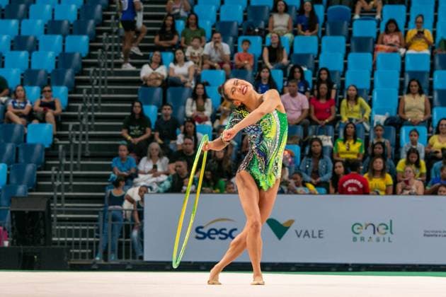 RECORD DATE NOT STATED Pan American Rhythmic gymnastics, Rhythmische Sportgymnastik, RSG championship, in Rio de Janeiro Rio de Janeiro (RJ) 07 06 2026 - Pan American Gymnastics Rhythmic Gymnastics Rio de Janeiro - Athlete Megan Chu (USA), in the hoop final, at the Pan American Adult Rhythmic Gymnastics Championship this Sunday (07), at Arena Carioca 1, in the Barra da Tijuca Olympic Park.(Foto: Lucas Simonin Gomes Thenews2 imago images) SPO  Copyright: xLucasxSimoninxGomesx