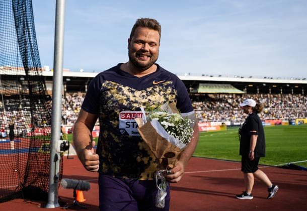 260607 Daniel Stahl of Sweden celebrates after competing in the men s discus during Bauhaus-galan, part of the Diamond League series, June 7, 2026 in Stockholm. Photo: Fredrik Karlsson BILDBYRAN COP 185 MT1057 friidrott athletics friidrett diamond league bauhaus-galan bbeng stockholm sweden sverige diskus jubel discus