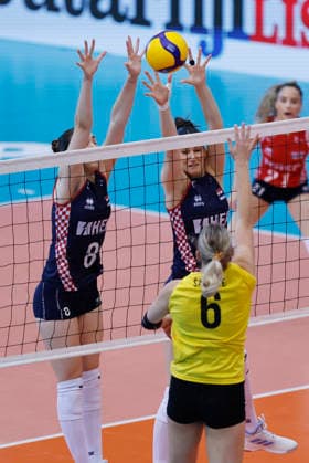 Croatia v Lithuania: CEV Volleyball European League 2026 Women Ana Prkacin and Bozana Butigan of Croatia attempts to block a shot from Monika Salkute of Lithuania during the CEV Volleyball European League 2026 Women 3rd round match between Croatia and Lithuania at Sports Hall Gradski vrt on June 07, 2026., in Osijek, Croatia.  DavorxJavorovic PIXSELL