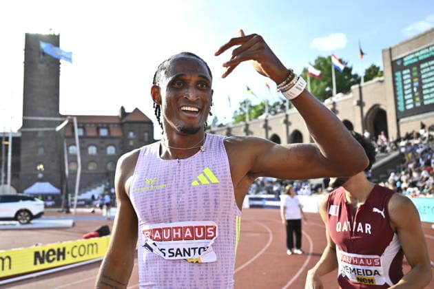 STOCKHOLM, SWEDEN 20260607 Alison dos Santos, Brazil, (r) wins the men s 400m hurdles during the IAAF Diamond League athletics meeting at Stockholm Olympic Stadium in Stockholm, Sweden, on June 7, 2026. STOCKHOLM SWEDEN x10430x
